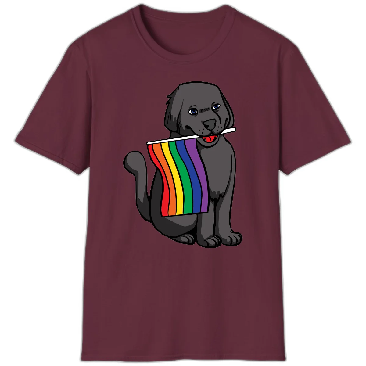 Illustration of a happy gray dog with blue eyes holding a rainbow pride flag in its mouth against a gray background in Maroon