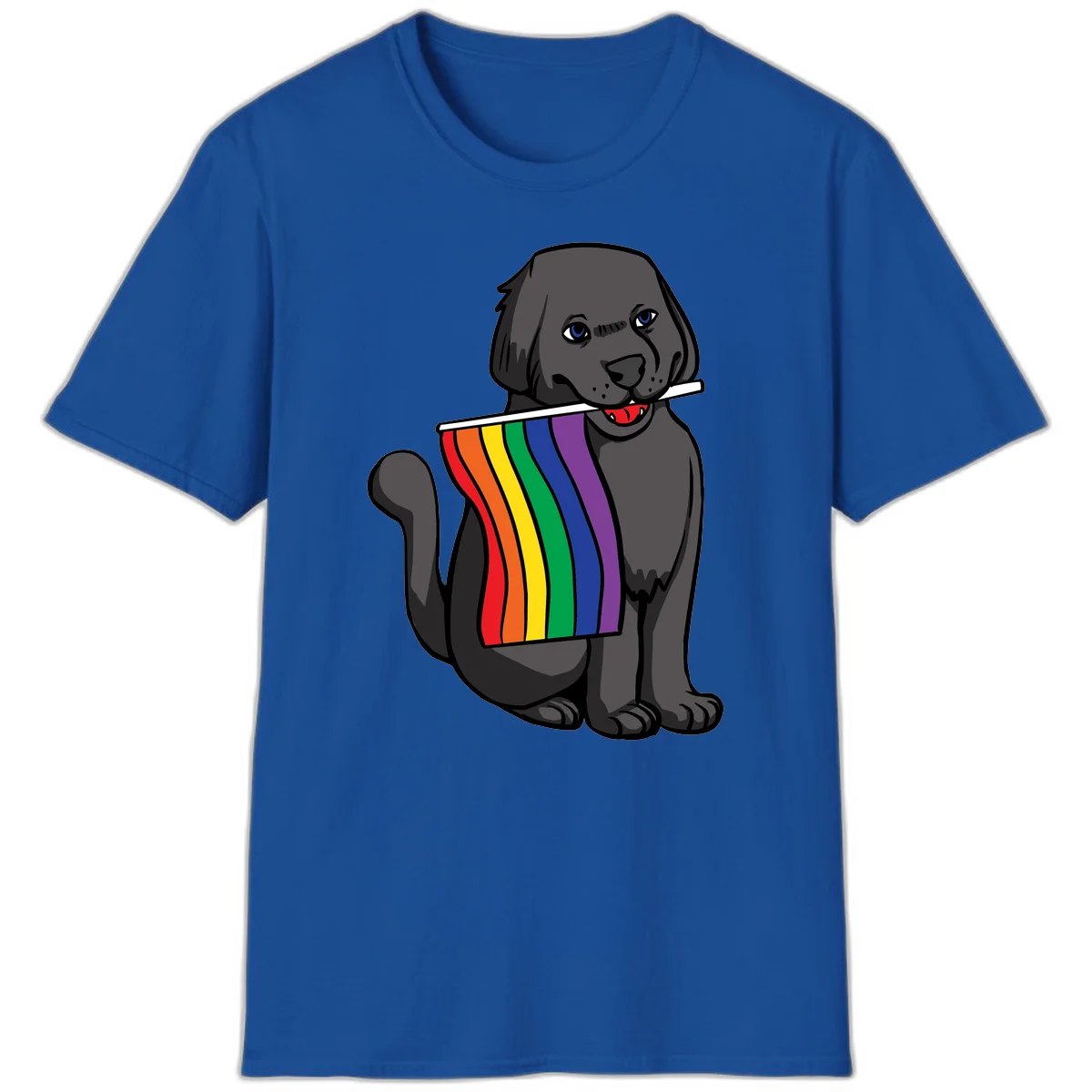 Illustration of a happy gray dog with blue eyes holding a rainbow pride flag in its mouth against a gray background in Royal