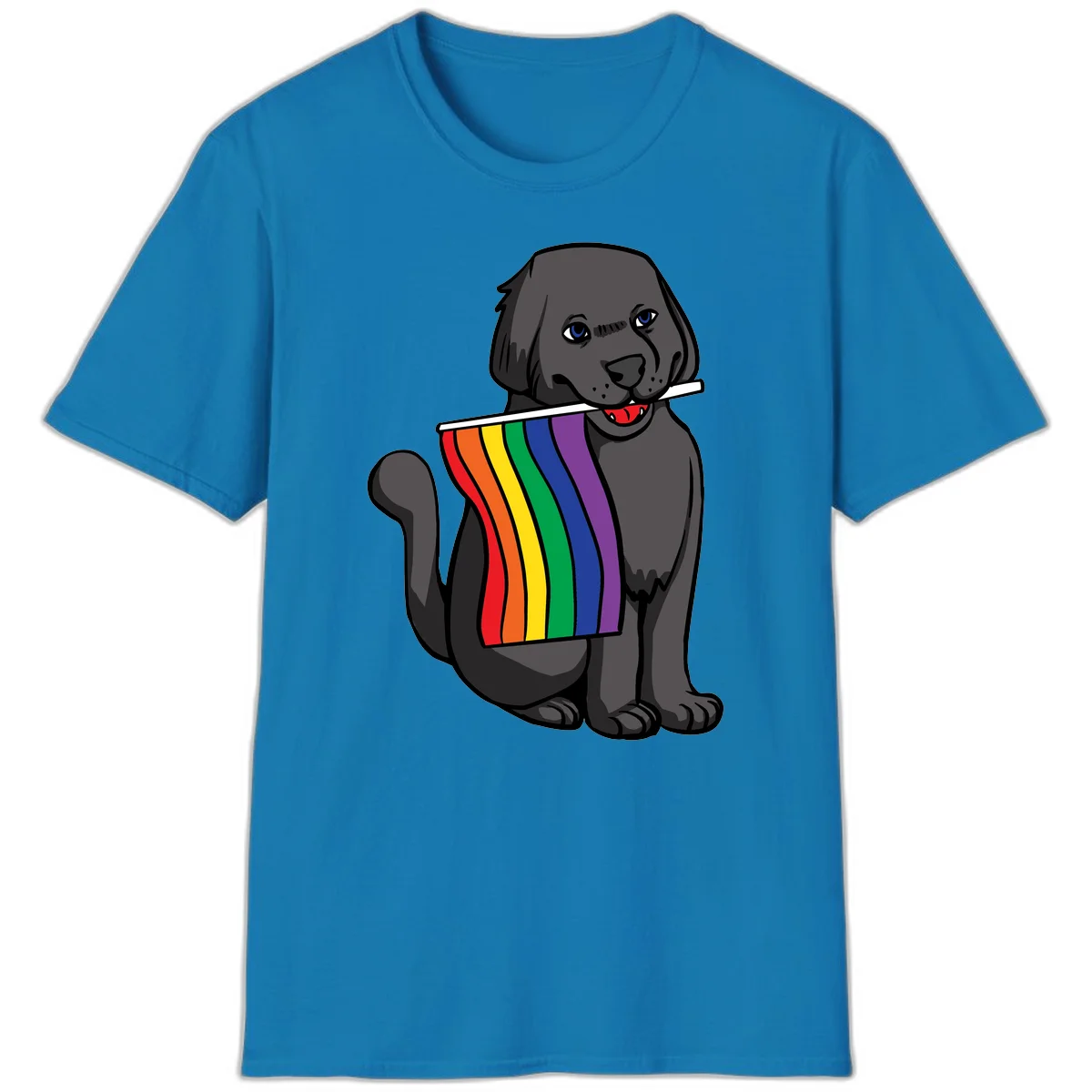 Illustration of a happy gray dog with blue eyes holding a rainbow pride flag in its mouth against a gray background in Sapphire