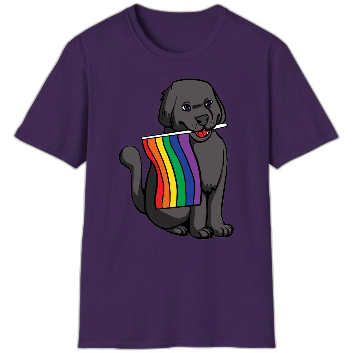 Illustration of a happy gray dog with blue eyes holding a rainbow pride flag in its mouth against a gray background in Purple