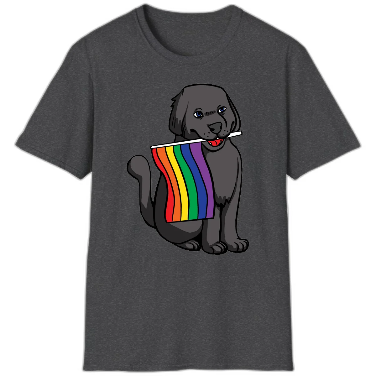 Illustration of a happy gray dog with blue eyes holding a rainbow pride flag in its mouth against a gray background in Dark Heather