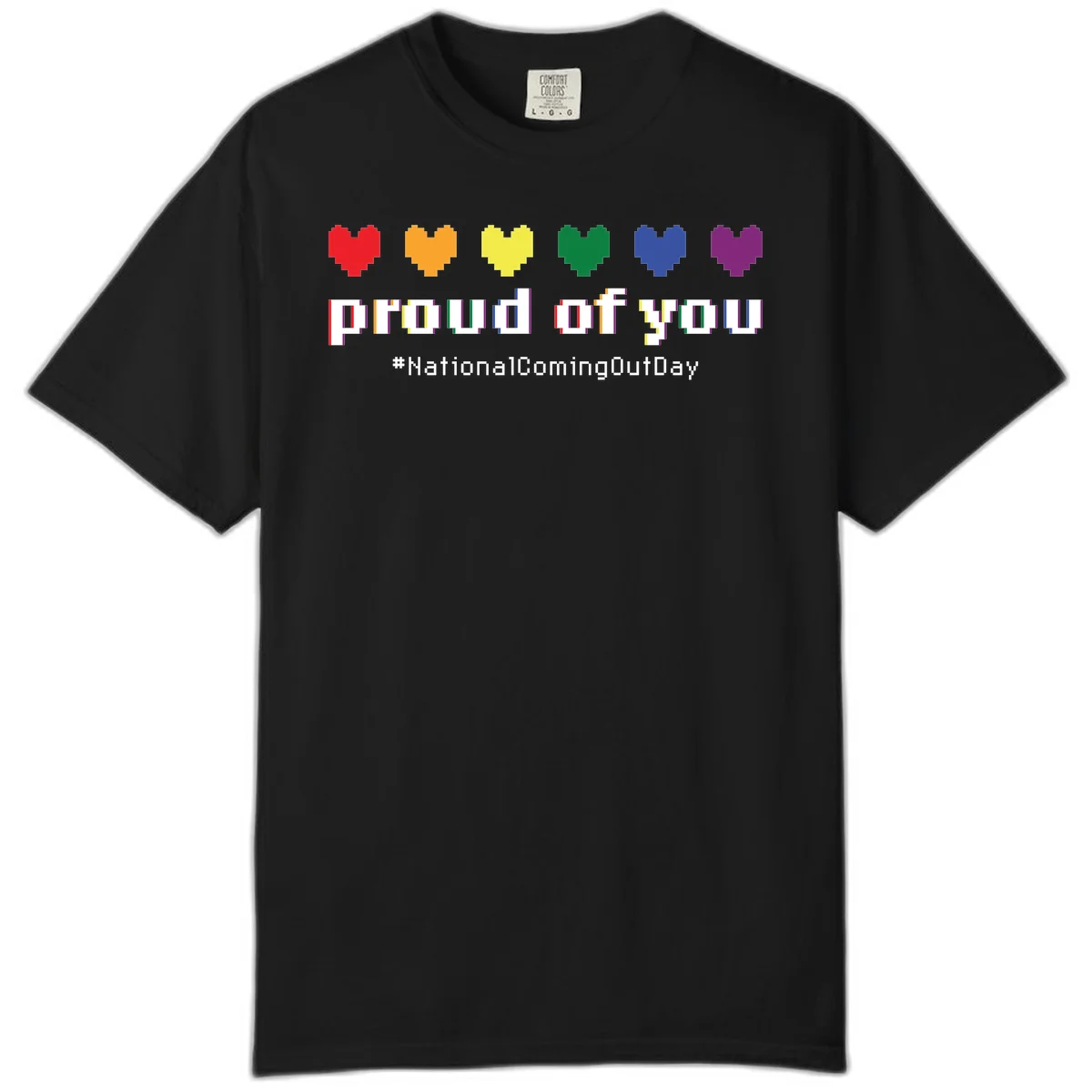 Pixel-art design with six rainbow hearts and text reading 'proud of you #NationalComingOutDay' celebrating coming out visibility in Black