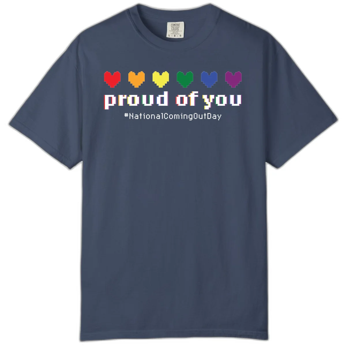 Pixel-art design with six rainbow hearts and text reading 'proud of you #NationalComingOutDay' celebrating coming out visibility in Midnight