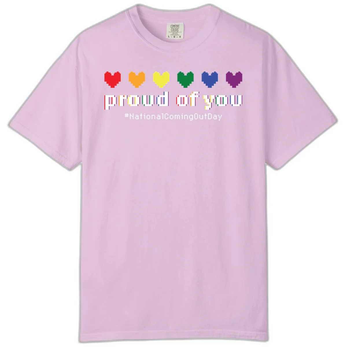 Pixel-art design with six rainbow hearts and text reading 'proud of you #NationalComingOutDay' celebrating coming out visibility in Orchid