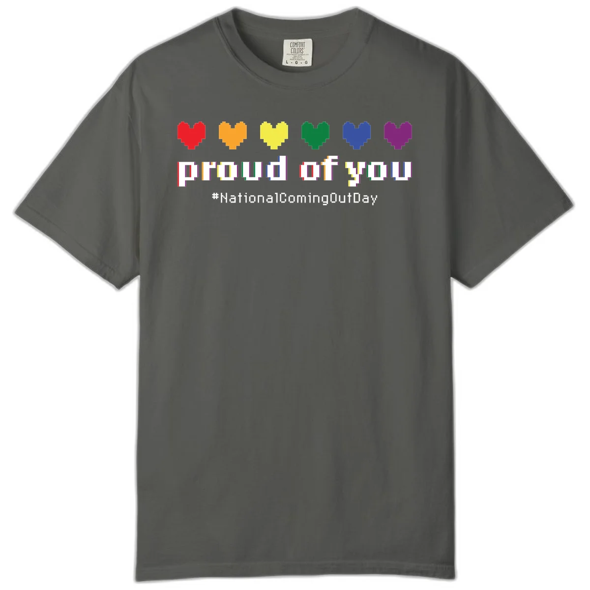 Pixel-art design with six rainbow hearts and text reading 'proud of you #NationalComingOutDay' celebrating coming out visibility in Pepper