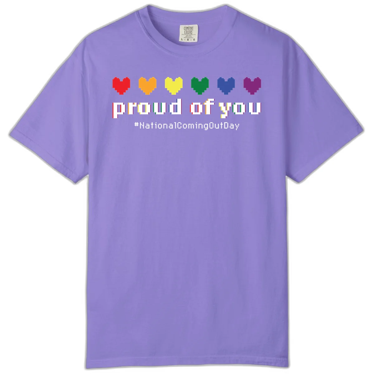Pixel-art design with six rainbow hearts and text reading 'proud of you #NationalComingOutDay' celebrating coming out visibility in Violet