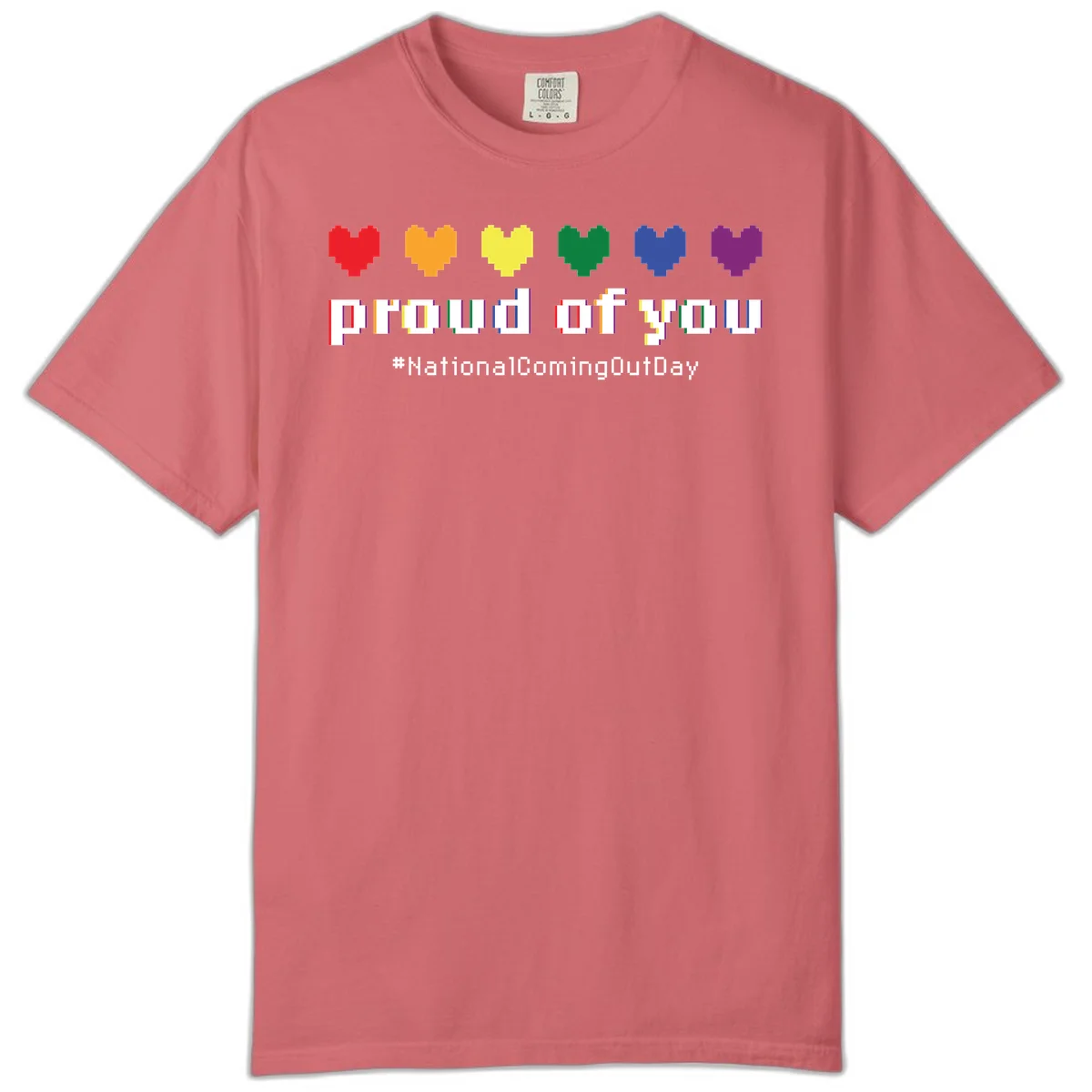Pixel-art design with six rainbow hearts and text reading 'proud of you #NationalComingOutDay' celebrating coming out visibility in Watermelon