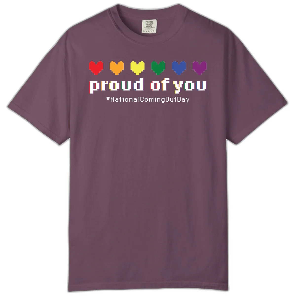 Pixel-art design with six rainbow hearts and text reading 'proud of you #NationalComingOutDay' celebrating coming out visibility in Berry