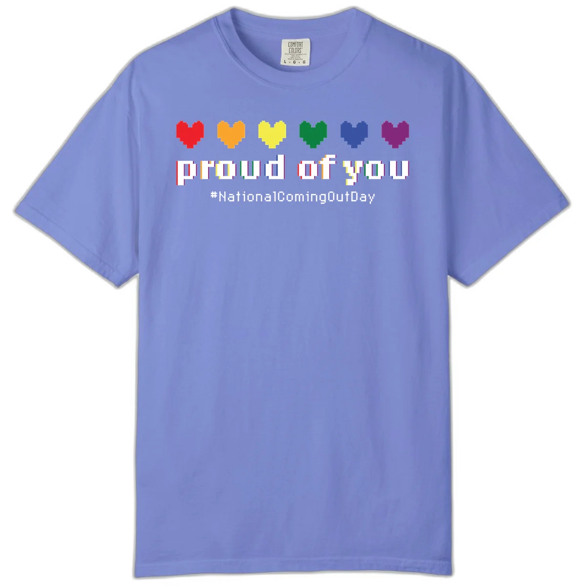 Pixel-art design with six rainbow hearts and text reading 'proud of you #NationalComingOutDay' celebrating coming out visibility in Flo Blue