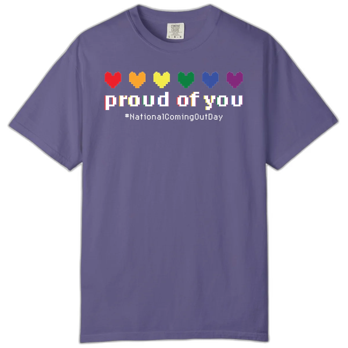 Pixel-art design with six rainbow hearts and text reading 'proud of you #NationalComingOutDay' celebrating coming out visibility in Grape