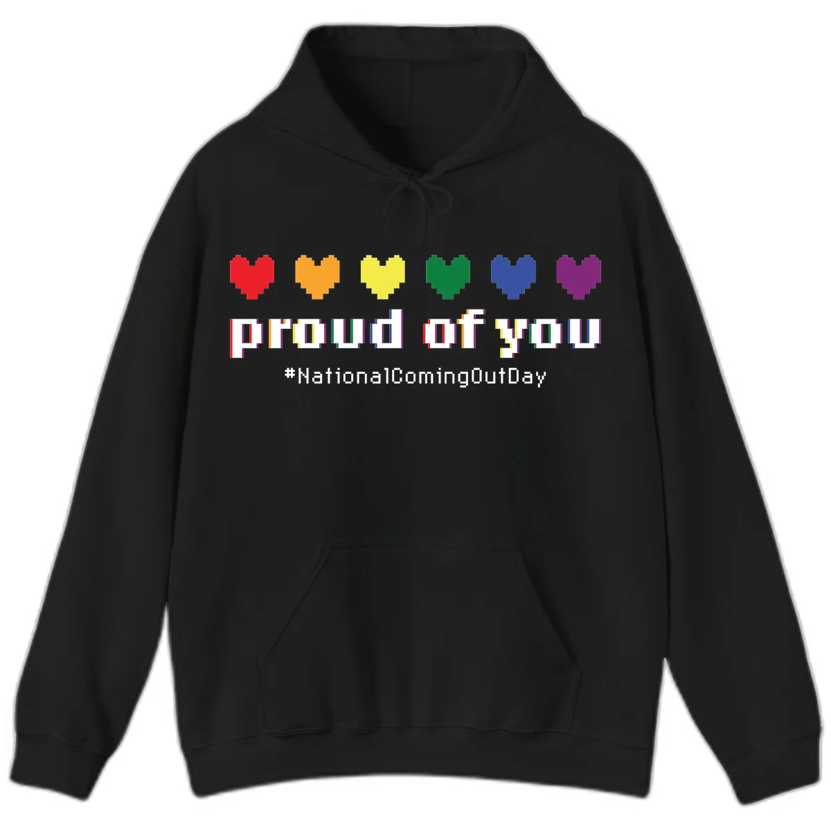 Pixel-art design with six rainbow hearts and text reading 'proud of you #NationalComingOutDay' celebrating coming out visibility in Black
