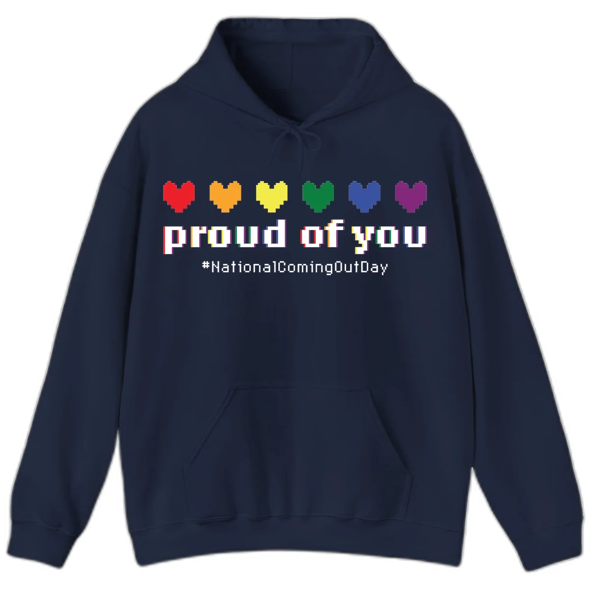 Pixel-art design with six rainbow hearts and text reading 'proud of you #NationalComingOutDay' celebrating coming out visibility in Navy