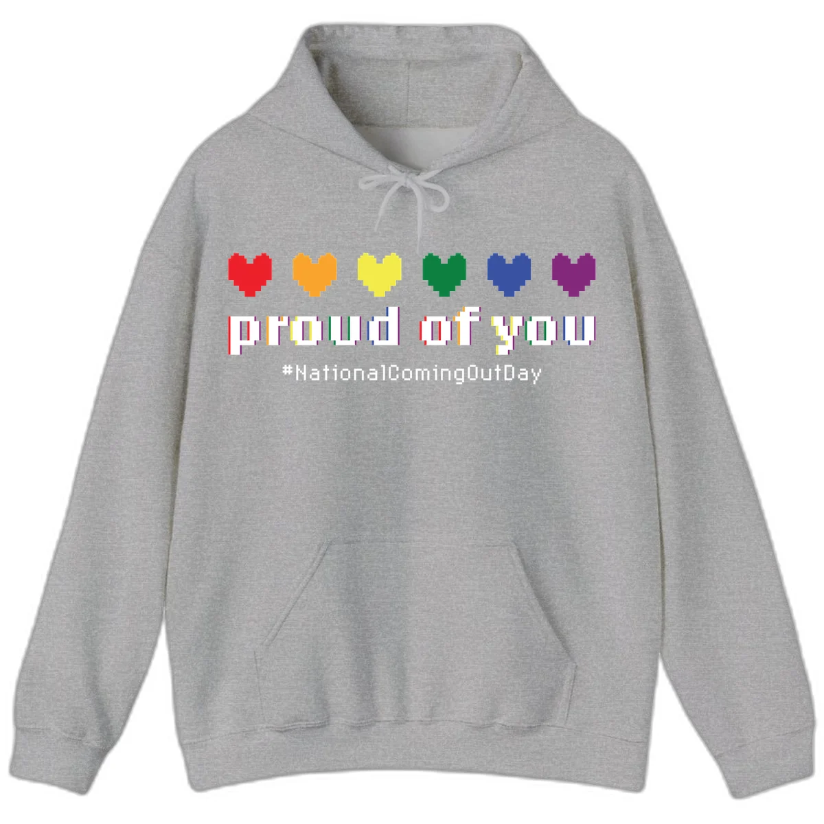 Pixel-art design with six rainbow hearts and text reading 'proud of you #NationalComingOutDay' celebrating coming out visibility in Sport Grey