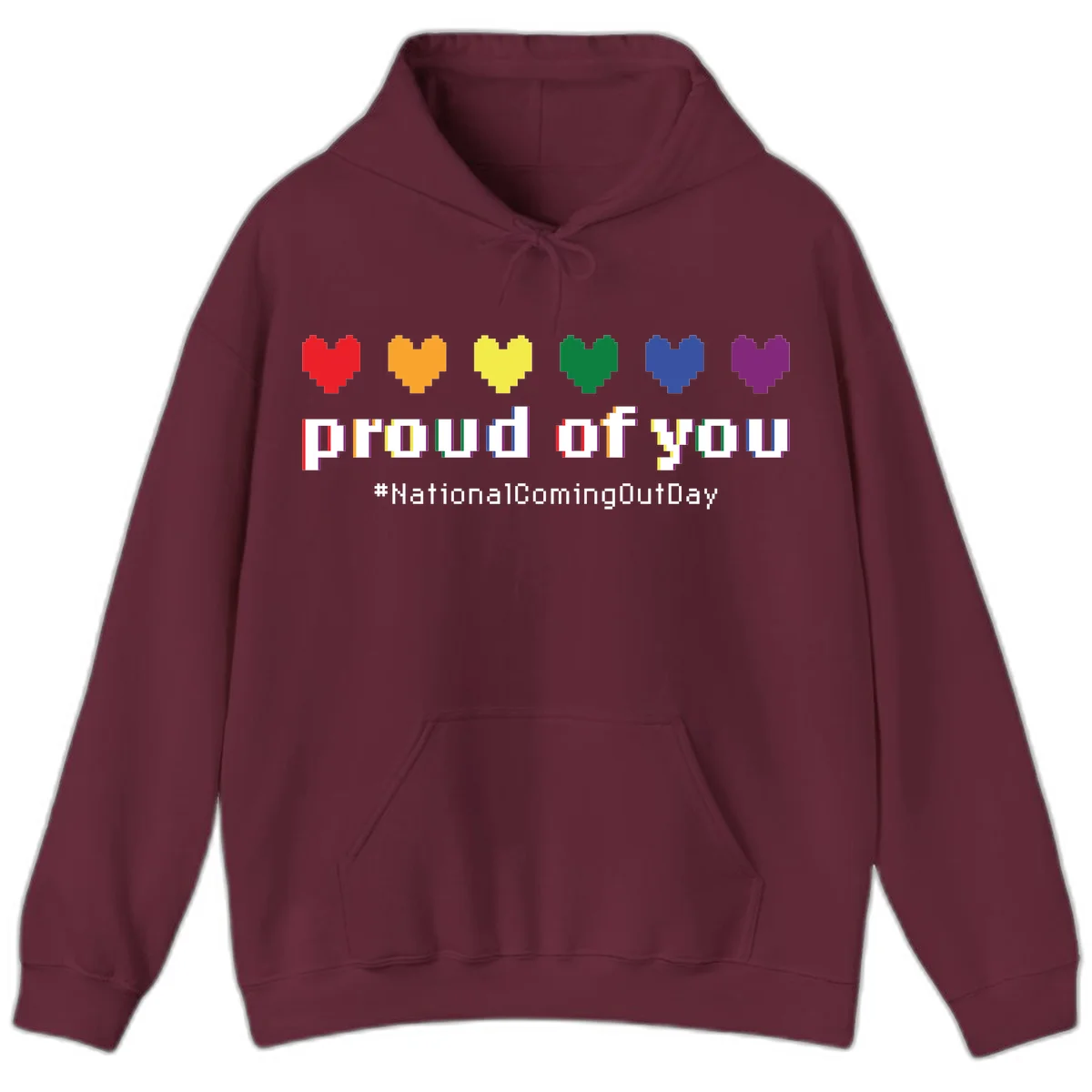 Pixel-art design with six rainbow hearts and text reading 'proud of you #NationalComingOutDay' celebrating coming out visibility in Maroon