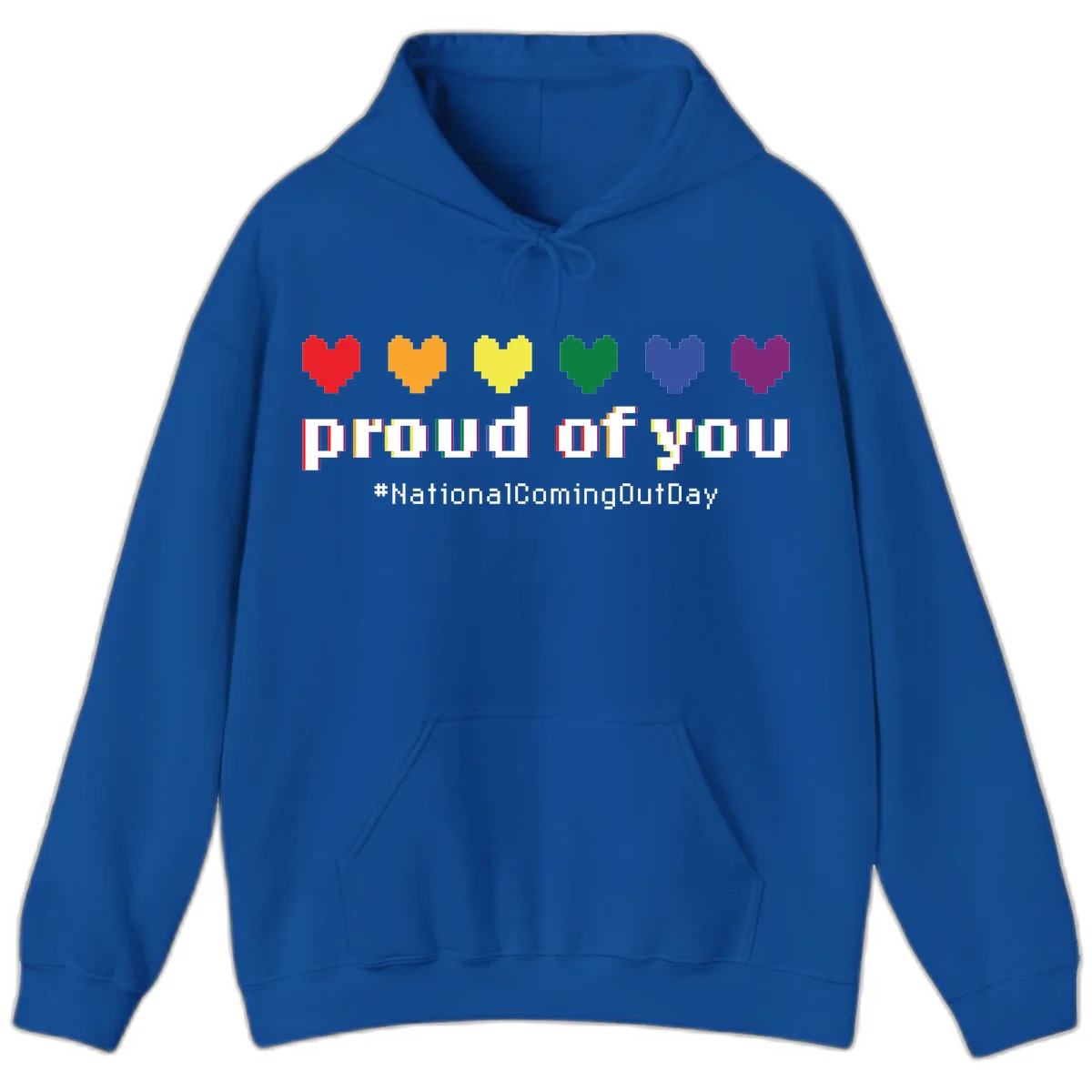 Pixel-art design with six rainbow hearts and text reading 'proud of you #NationalComingOutDay' celebrating coming out visibility in Royal