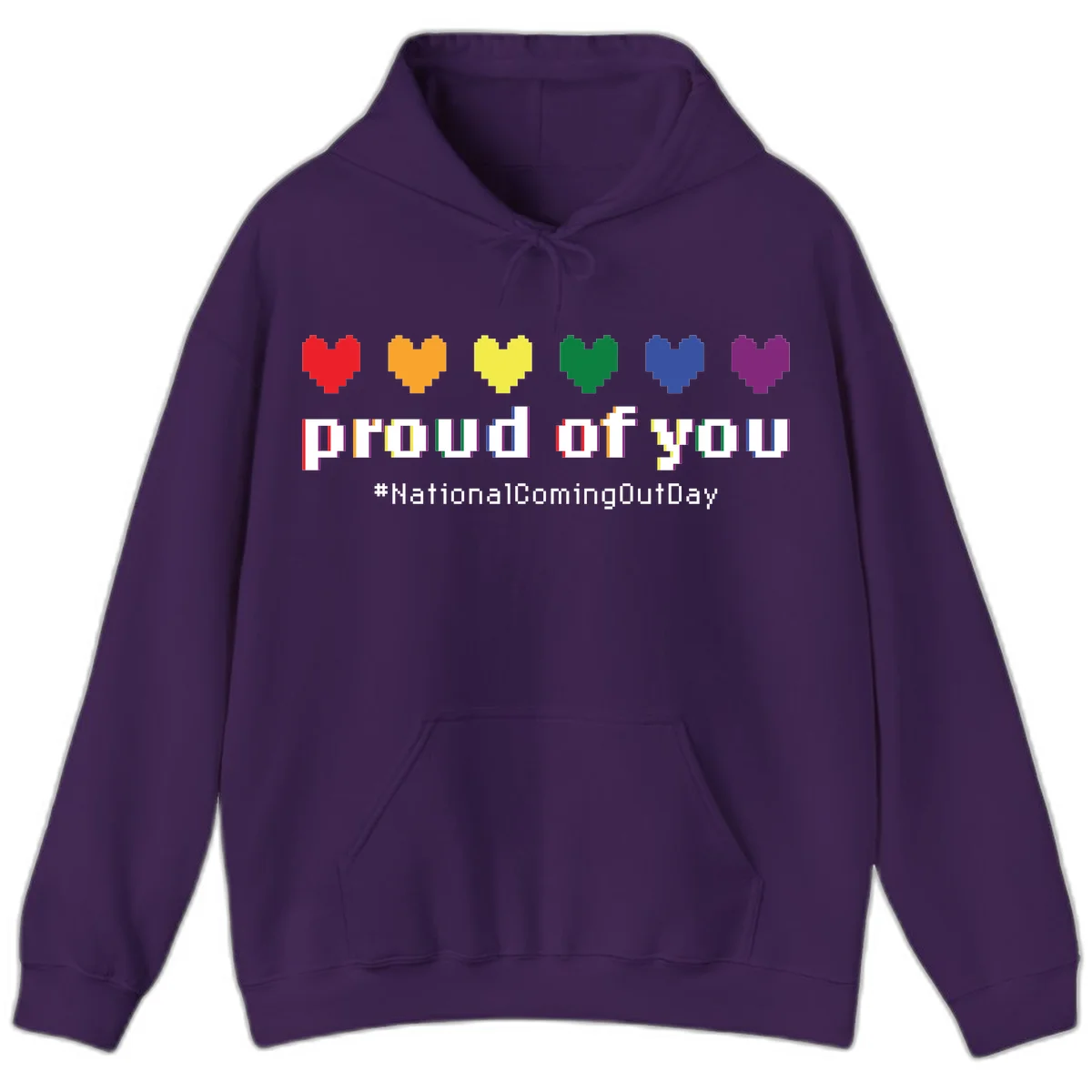 Pixel-art design with six rainbow hearts and text reading 'proud of you #NationalComingOutDay' celebrating coming out visibility in Purple