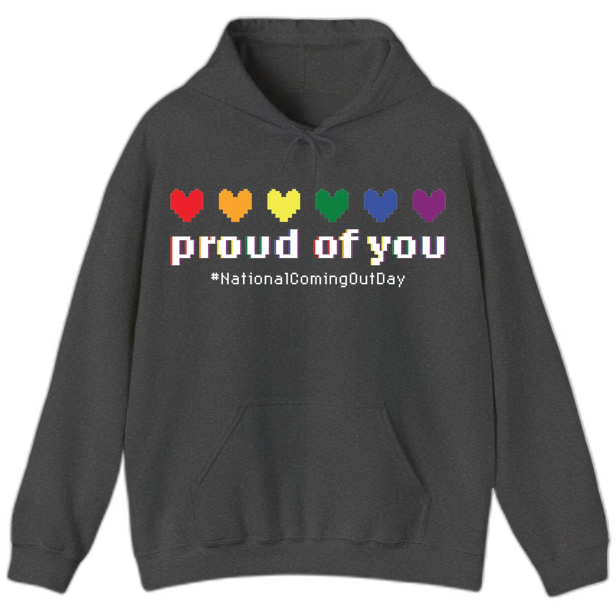 Pixel-art design with six rainbow hearts and text reading 'proud of you #NationalComingOutDay' celebrating coming out visibility in Dark Heather