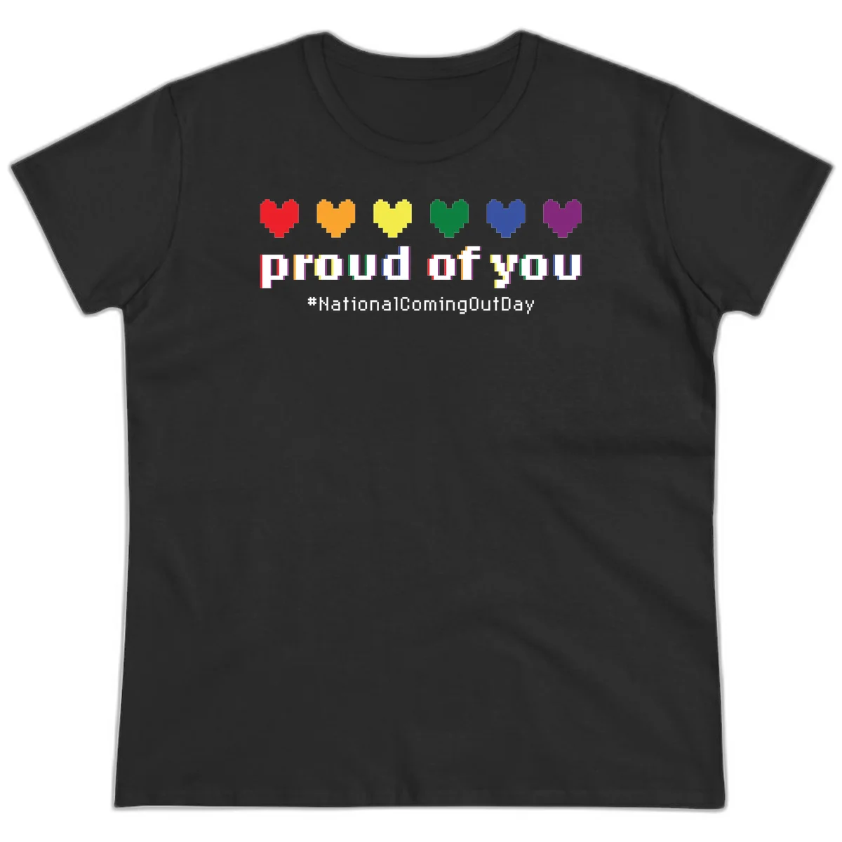 Pixel-art design with six rainbow hearts and text reading 'proud of you #NationalComingOutDay' celebrating coming out visibility in Black