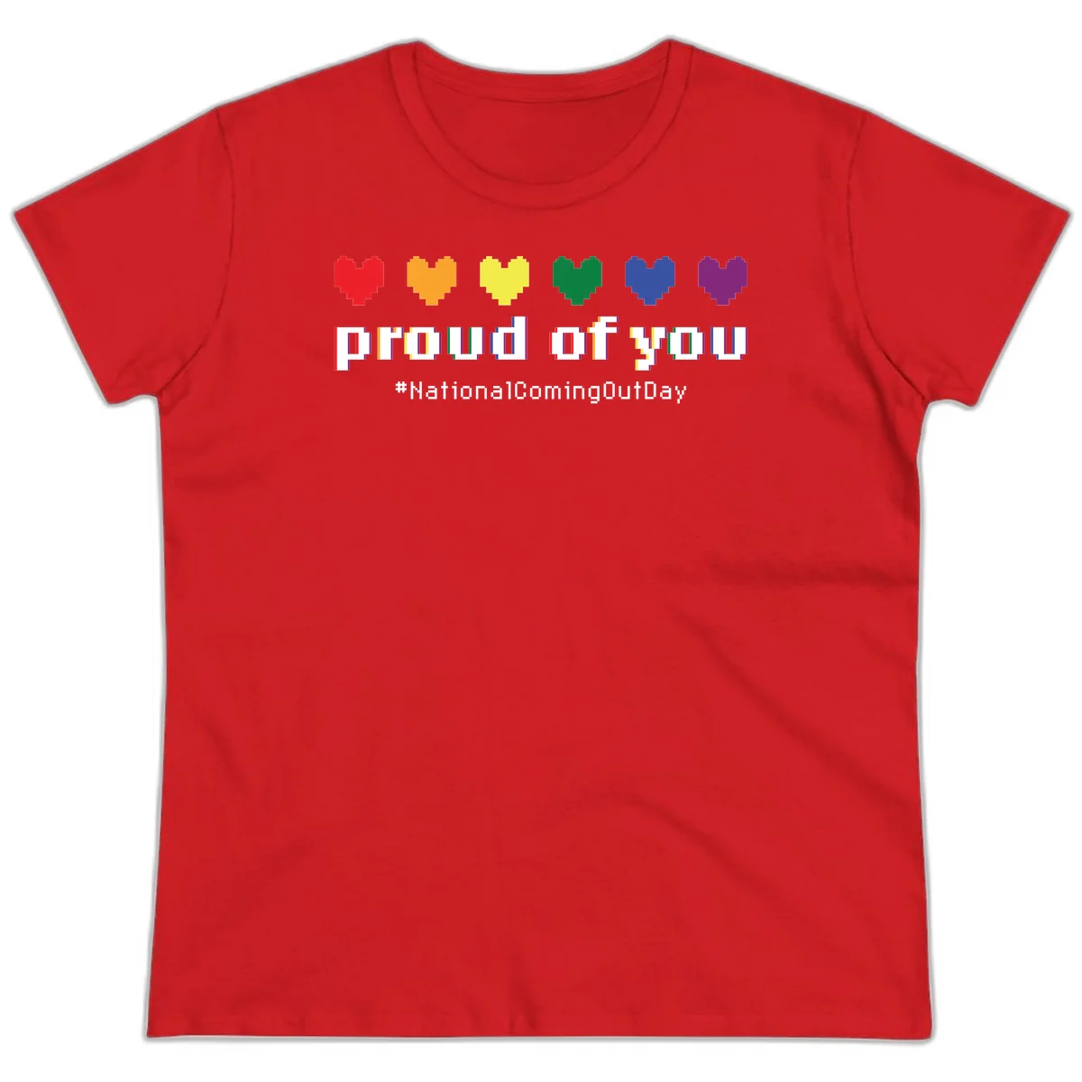 Pixel-art design with six rainbow hearts and text reading 'proud of you #NationalComingOutDay' celebrating coming out visibility in Red