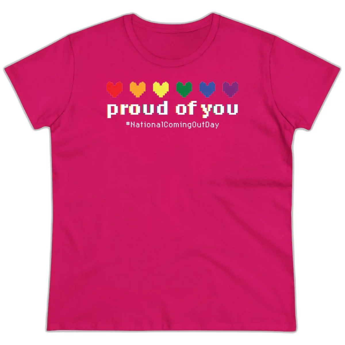 Pixel-art design with six rainbow hearts and text reading 'proud of you #NationalComingOutDay' celebrating coming out visibility in Heliconia