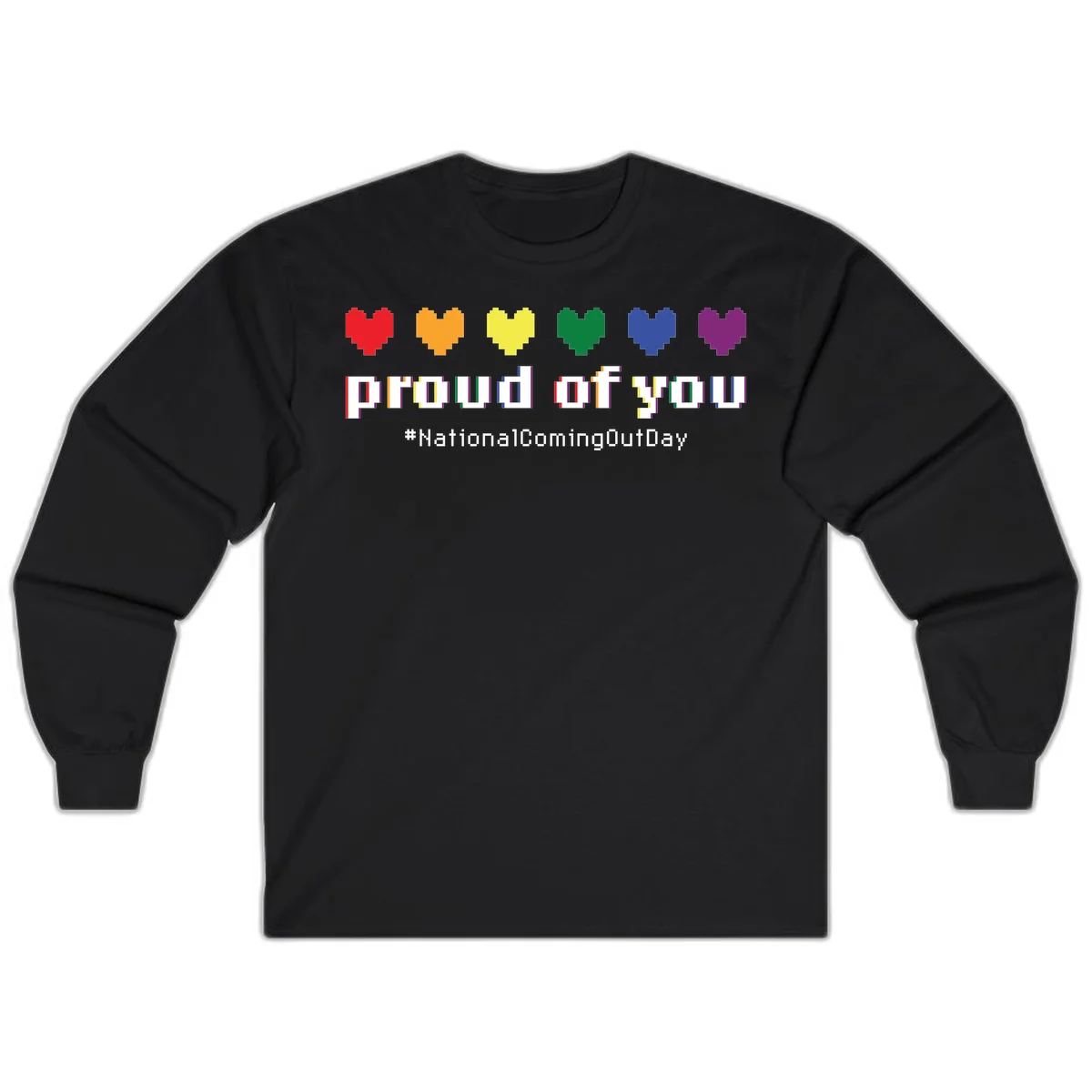Pixel-art design with six rainbow hearts and text reading 'proud of you #NationalComingOutDay' celebrating coming out visibility in Black