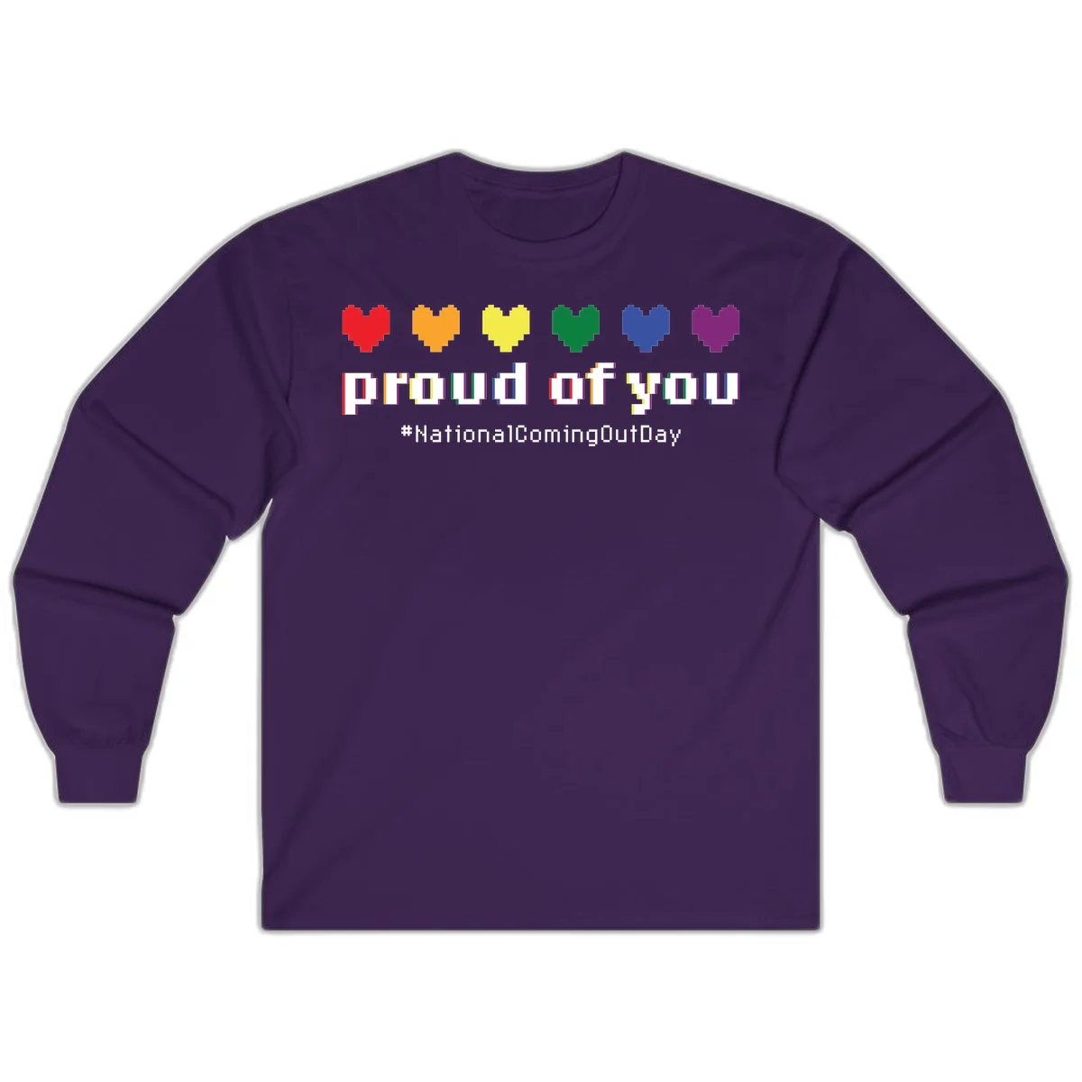 Pixel-art design with six rainbow hearts and text reading 'proud of you #NationalComingOutDay' celebrating coming out visibility in Purple