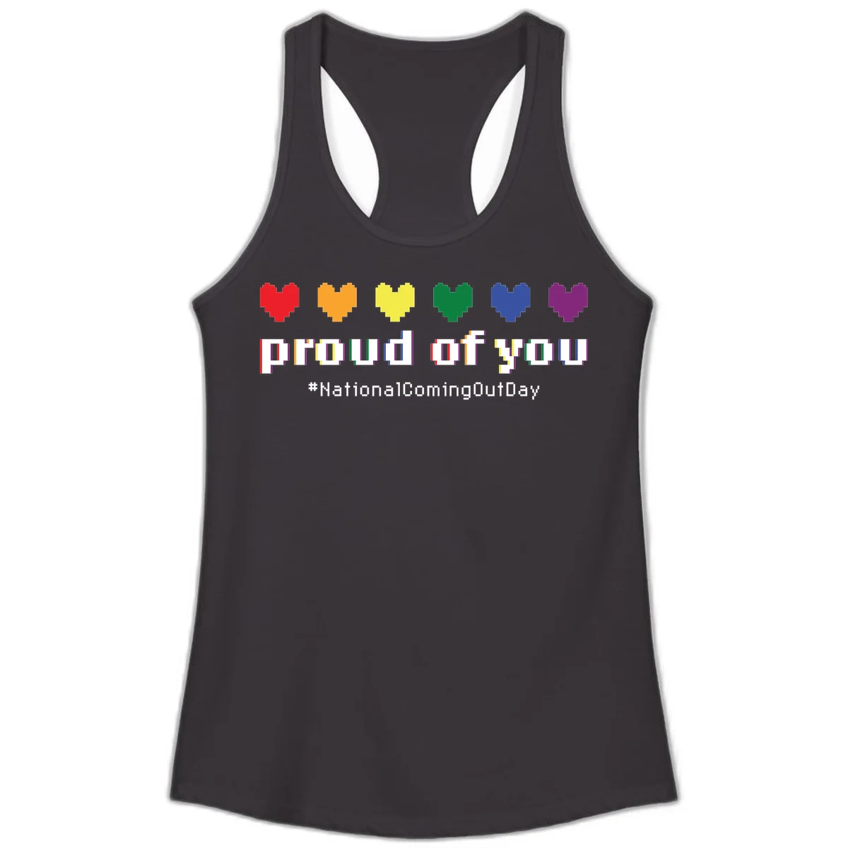 Pixel-art design with six rainbow hearts and text reading 'proud of you #NationalComingOutDay' celebrating coming out visibility in Black