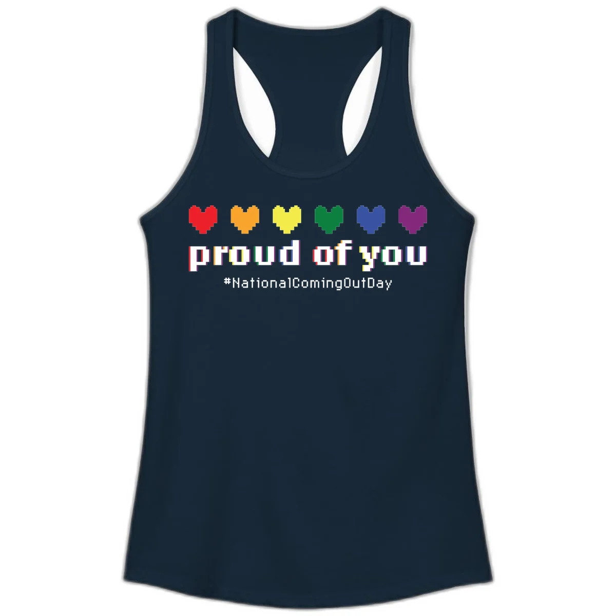 Pixel-art design with six rainbow hearts and text reading 'proud of you #NationalComingOutDay' celebrating coming out visibility in Solid Midnight Navy