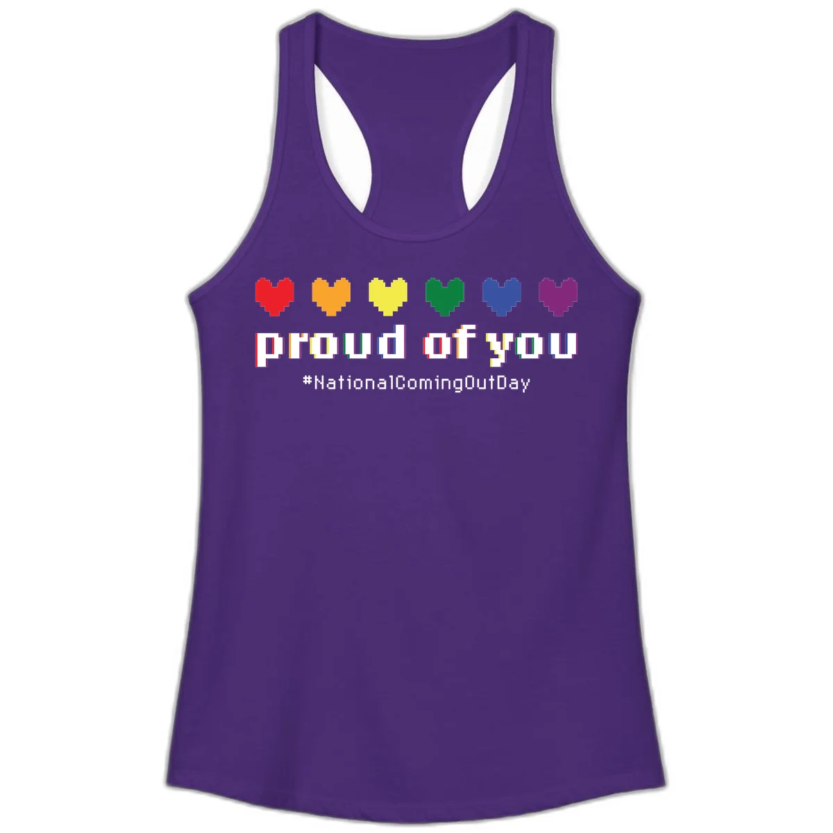 Pixel-art design with six rainbow hearts and text reading 'proud of you #NationalComingOutDay' celebrating coming out visibility in Solid Purple Rush