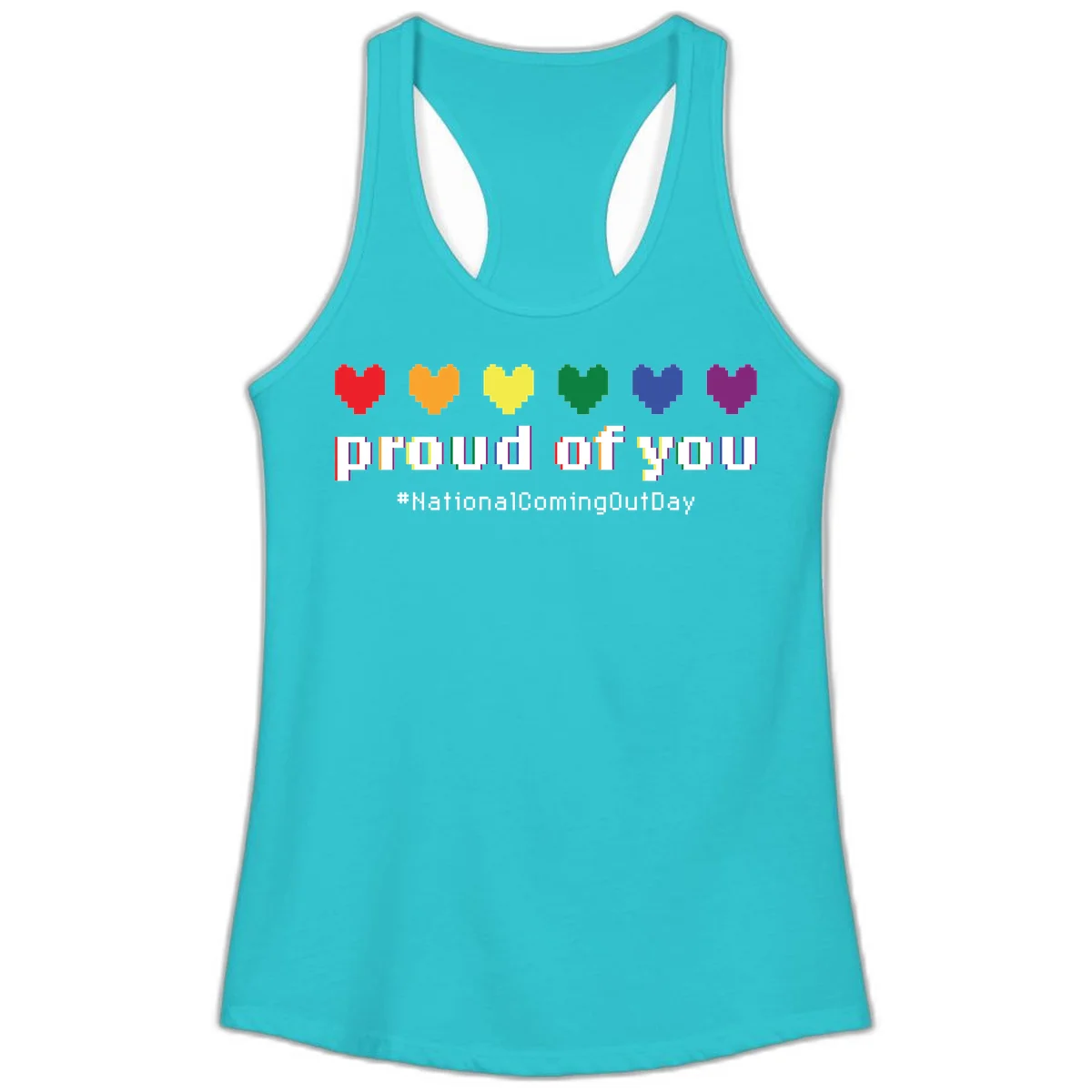 Pixel-art design with six rainbow hearts and text reading 'proud of you #NationalComingOutDay' celebrating coming out visibility in Solid Tahiti Blue