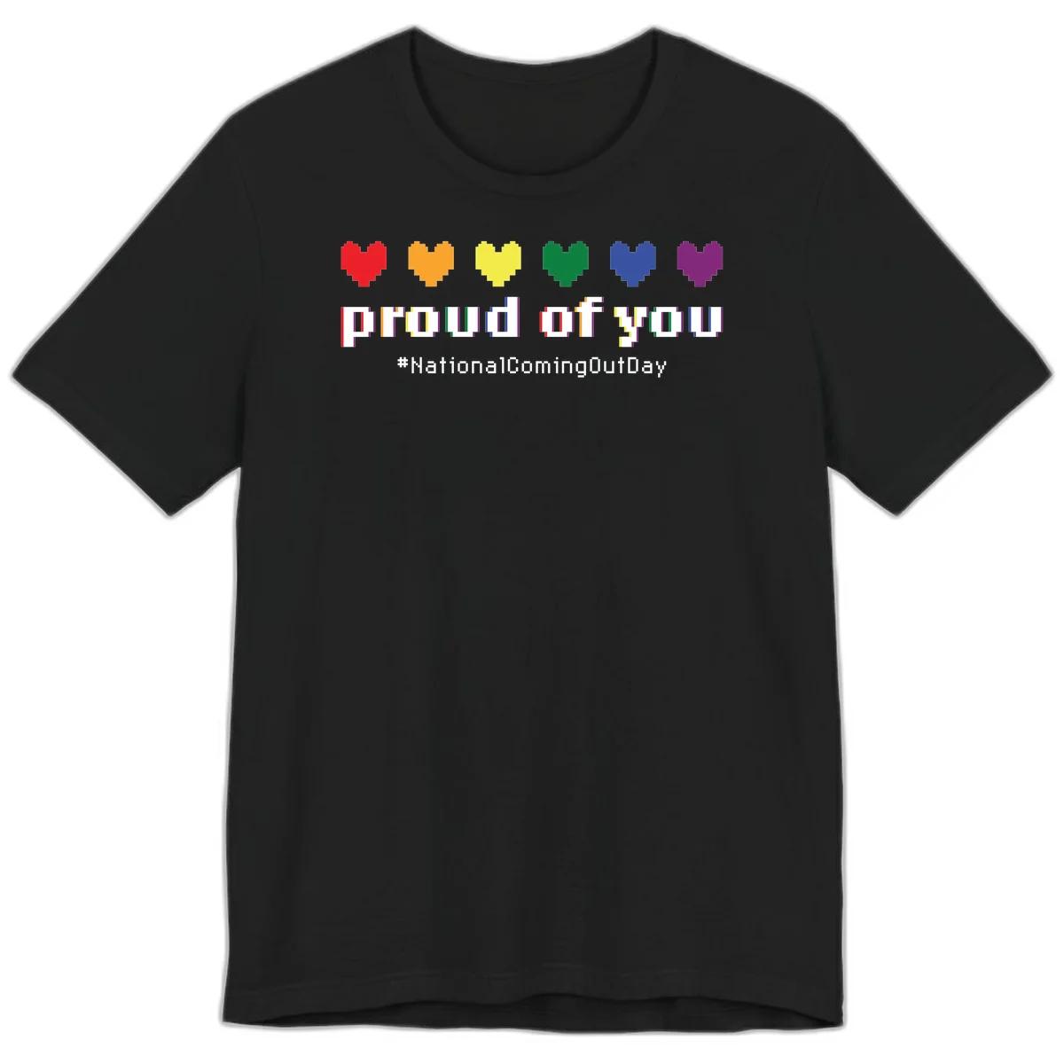 Pixel-art design with six rainbow hearts and text reading 'proud of you #NationalComingOutDay' celebrating coming out visibility in Black