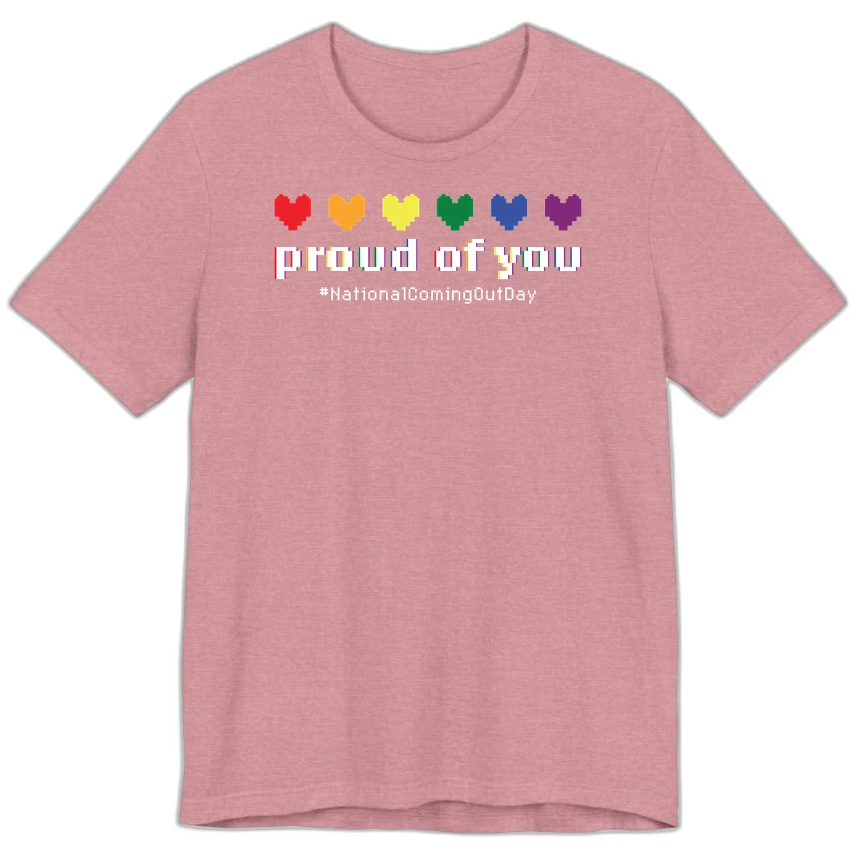 Pixel-art design with six rainbow hearts and text reading 'proud of you #NationalComingOutDay' celebrating coming out visibility in Heather Orchid