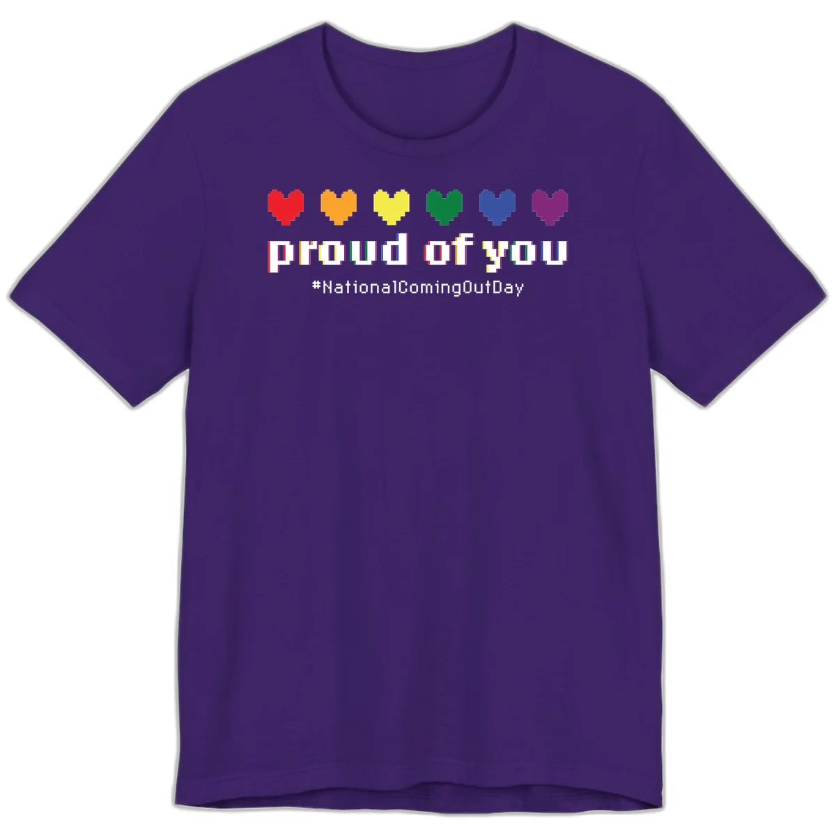Pixel-art design with six rainbow hearts and text reading 'proud of you #NationalComingOutDay' celebrating coming out visibility in Team Purple