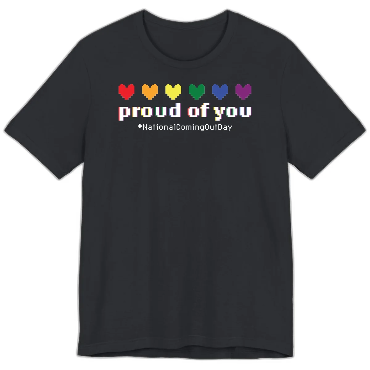 Pixel-art design with six rainbow hearts and text reading 'proud of you #NationalComingOutDay' celebrating coming out visibility in Vintage Black