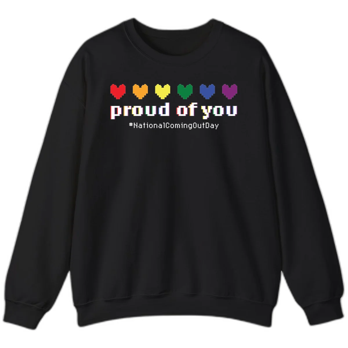 Pixel-art design with six rainbow hearts and text reading 'proud of you #NationalComingOutDay' celebrating coming out visibility in Black