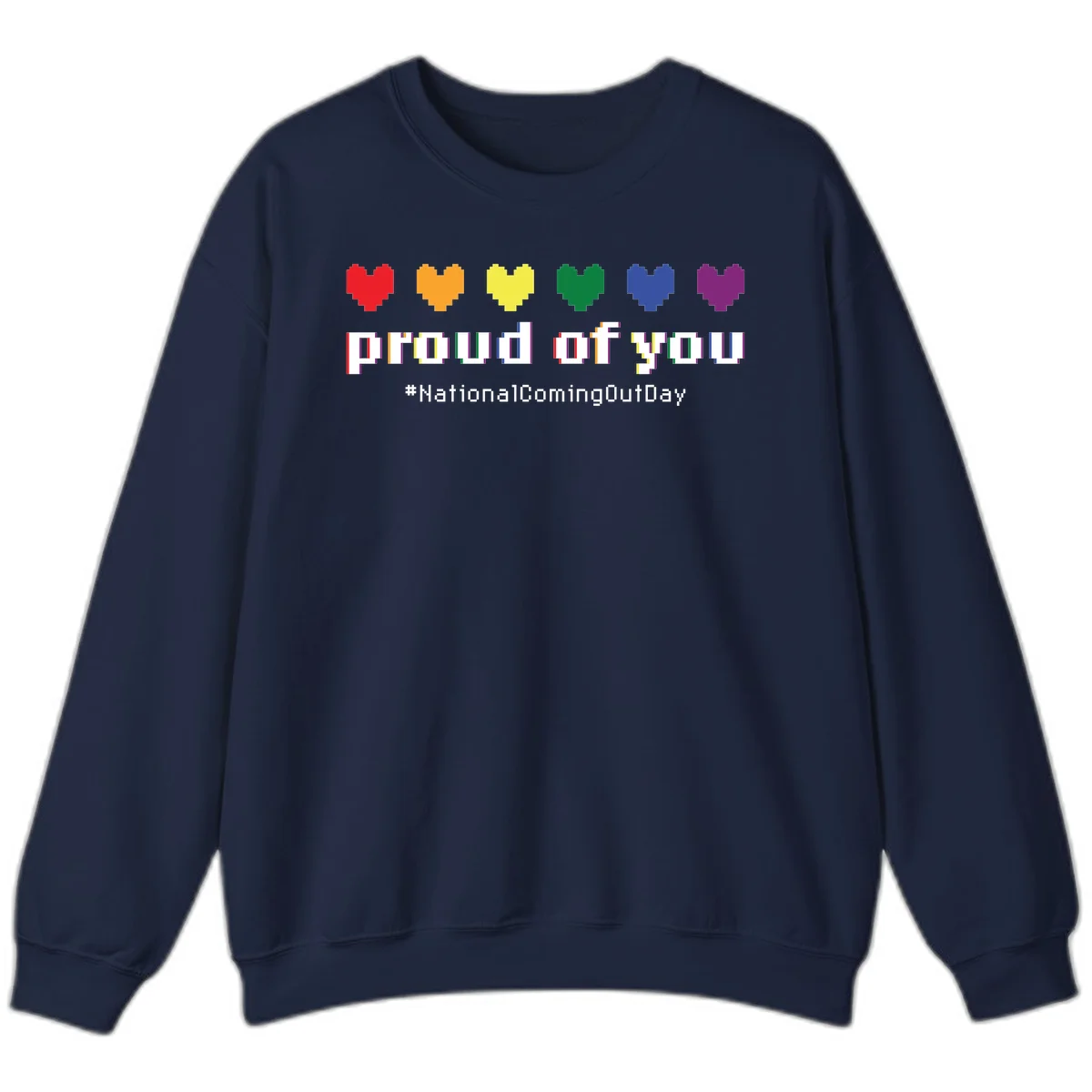 Pixel-art design with six rainbow hearts and text reading 'proud of you #NationalComingOutDay' celebrating coming out visibility in Navy