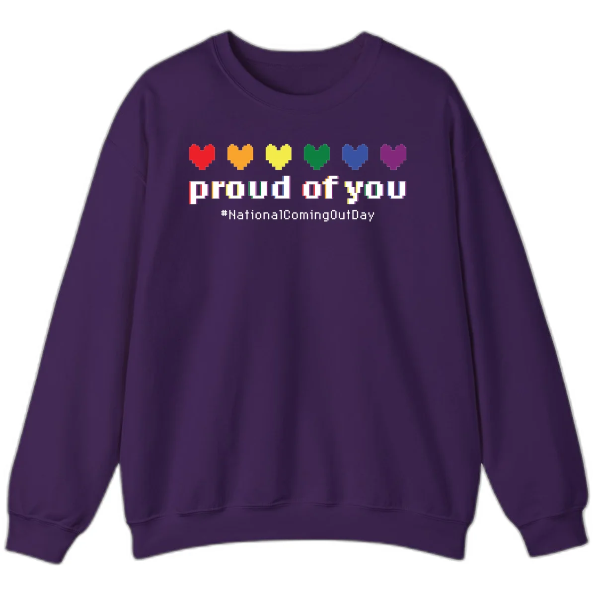 Pixel-art design with six rainbow hearts and text reading 'proud of you #NationalComingOutDay' celebrating coming out visibility in Purple