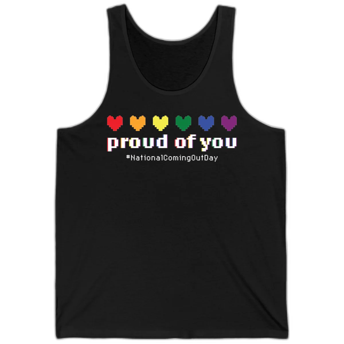 Pixel-art design with six rainbow hearts and text reading 'proud of you #NationalComingOutDay' celebrating coming out visibility in Black