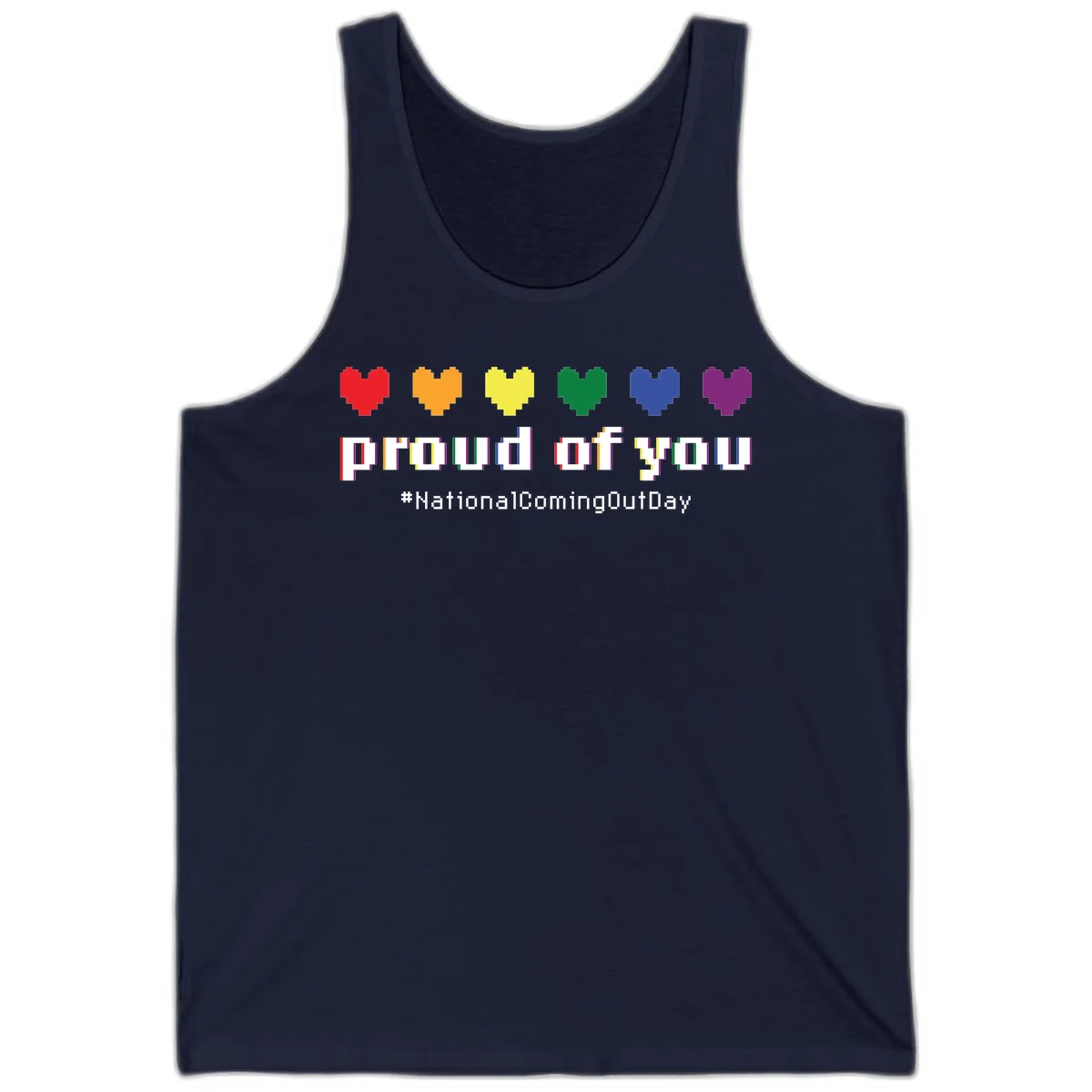 Pixel-art design with six rainbow hearts and text reading 'proud of you #NationalComingOutDay' celebrating coming out visibility in Navy