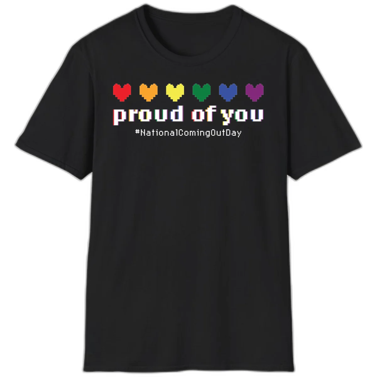 Pixel-art design with six rainbow hearts and text reading 'proud of you #NationalComingOutDay' celebrating coming out visibility in Black
