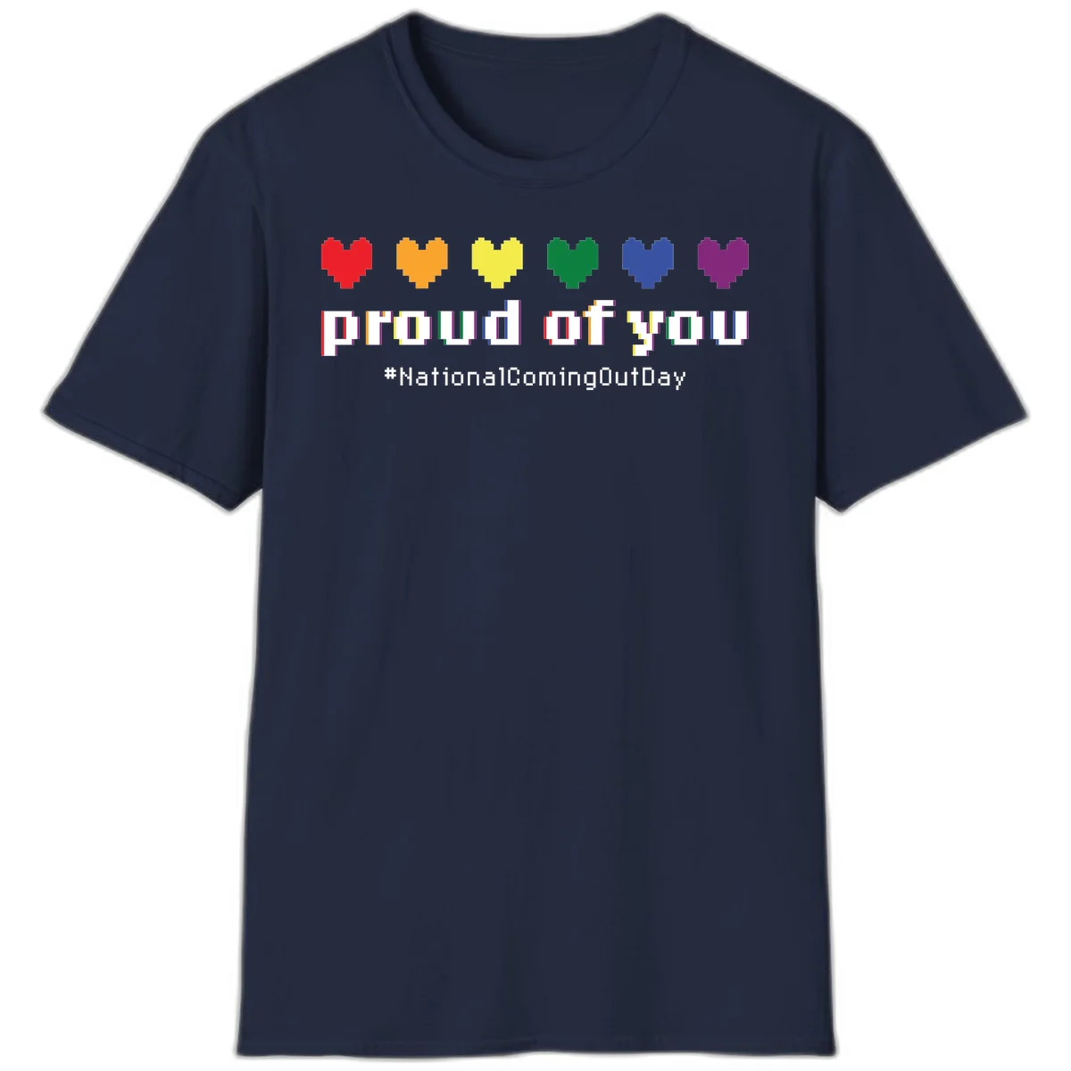 Pixel-art design with six rainbow hearts and text reading 'proud of you #NationalComingOutDay' celebrating coming out visibility in Navy