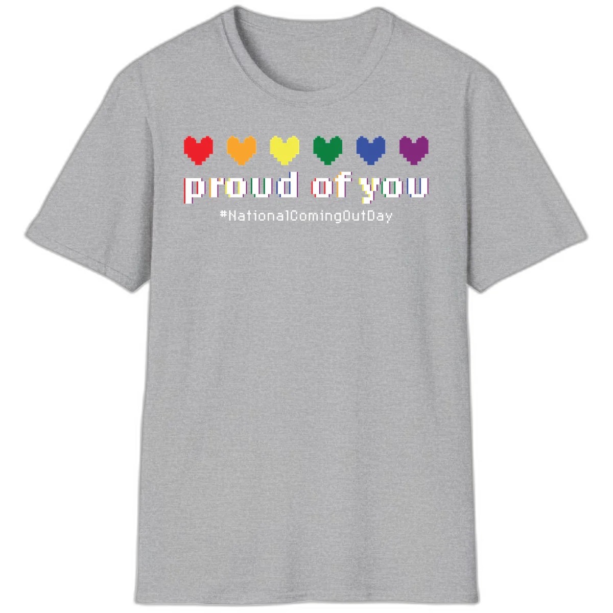 Pixel-art design with six rainbow hearts and text reading 'proud of you #NationalComingOutDay' celebrating coming out visibility in Sport Grey