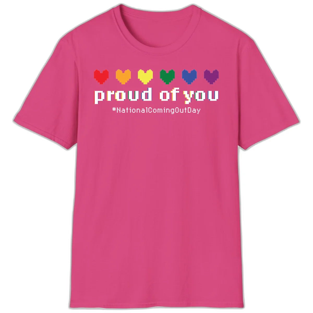 Pixel-art design with six rainbow hearts and text reading 'proud of you #NationalComingOutDay' celebrating coming out visibility in Heliconia