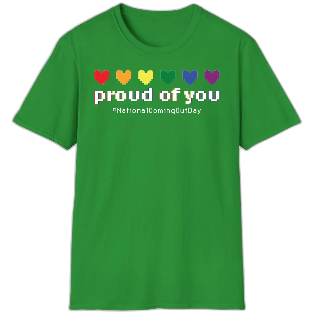 Pixel-art design with six rainbow hearts and text reading 'proud of you #NationalComingOutDay' celebrating coming out visibility in Irish Green