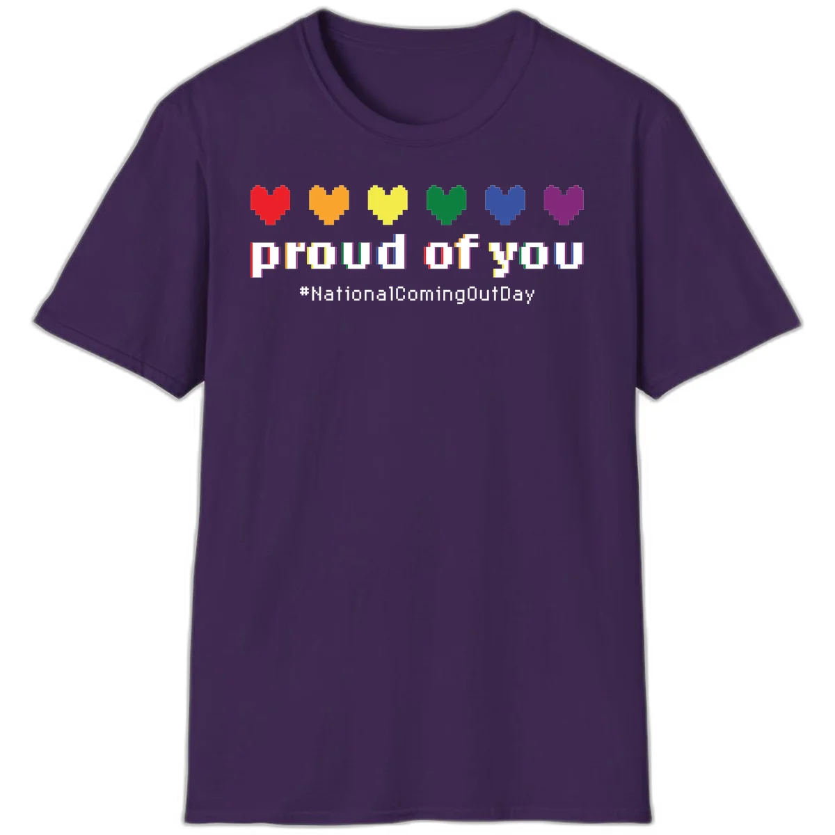 Pixel-art design with six rainbow hearts and text reading 'proud of you #NationalComingOutDay' celebrating coming out visibility in Purple