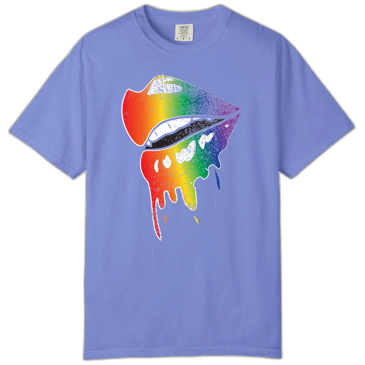 Rainbow-fish-pride-art illustration featuring a colorful fish head with open mouth in full spectrum gradient colors from red to purple with white details in Flo Blue