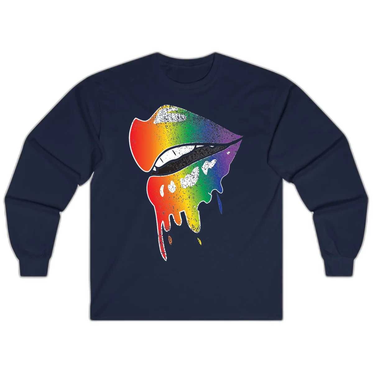 Rainbow-fish-pride-art illustration featuring a colorful fish head with open mouth in full spectrum gradient colors from red to purple with white details in Navy