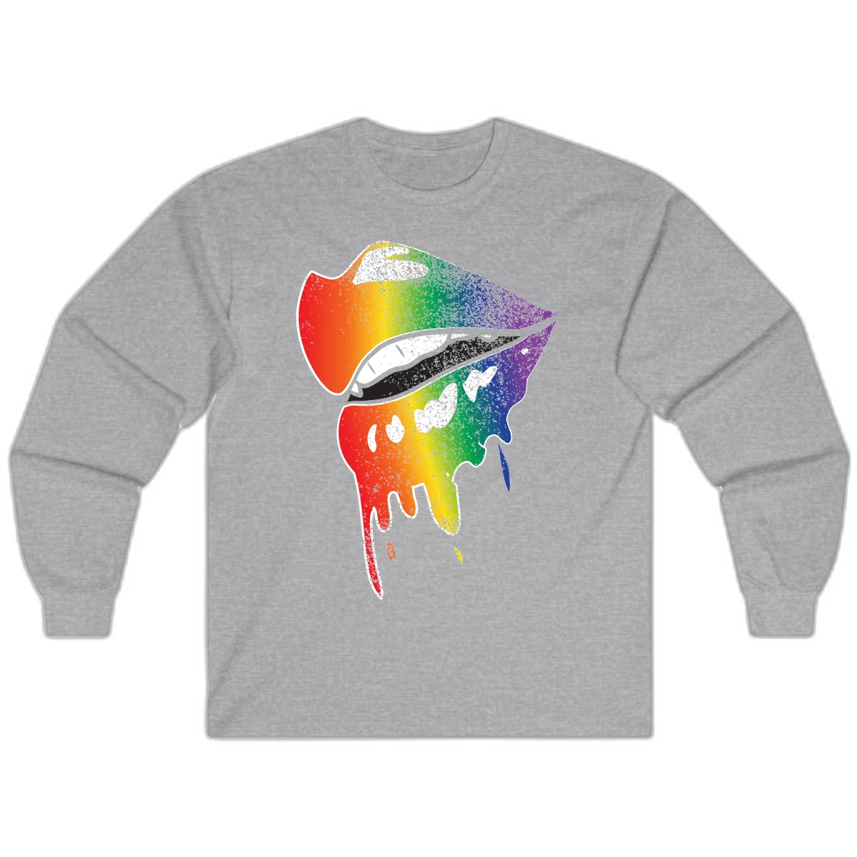 Rainbow-fish-pride-art illustration featuring a colorful fish head with open mouth in full spectrum gradient colors from red to purple with white details in Sport Grey