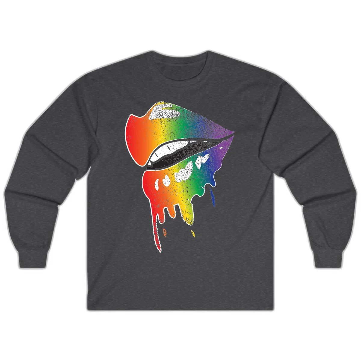 Rainbow-fish-pride-art illustration featuring a colorful fish head with open mouth in full spectrum gradient colors from red to purple with white details in Dark Heather