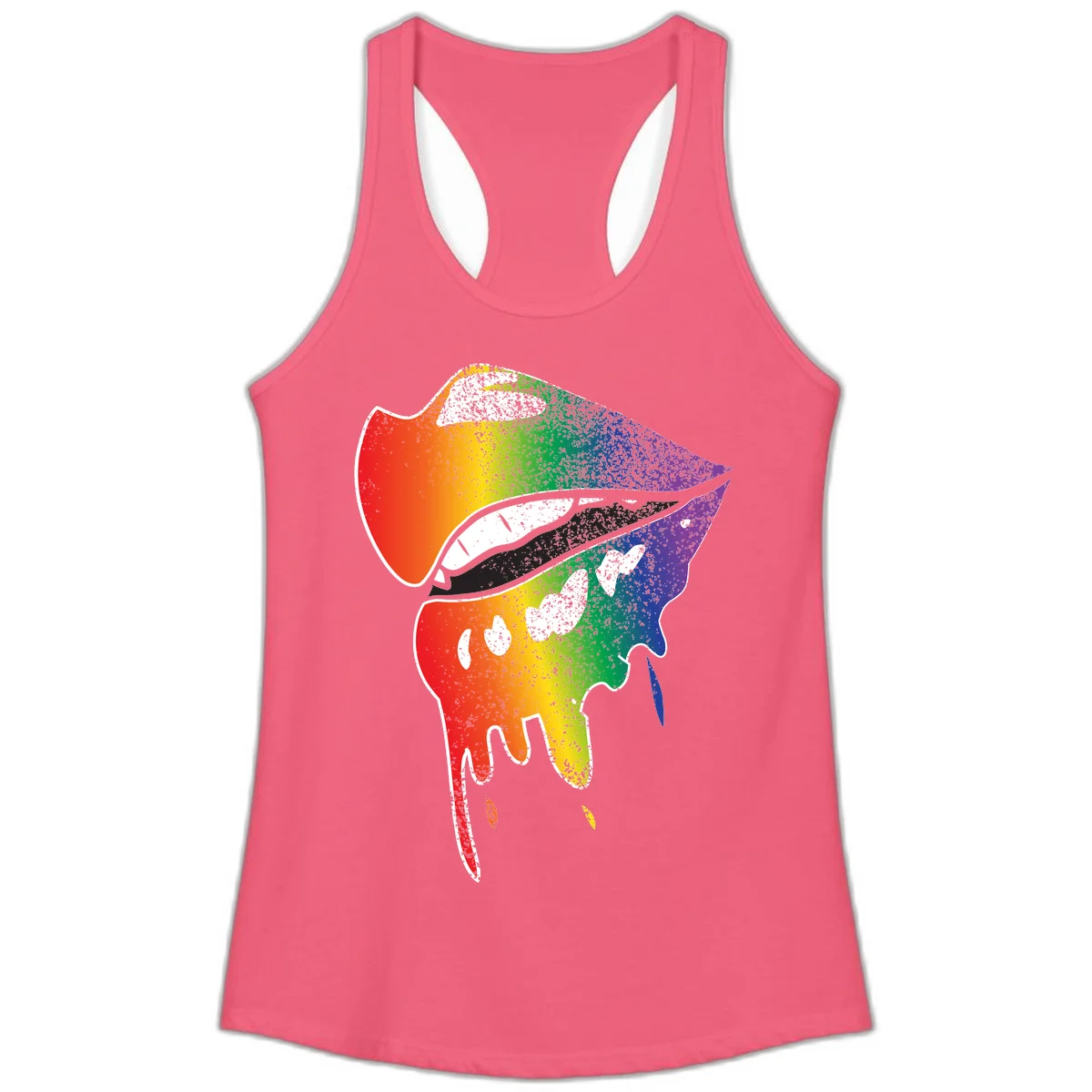 Rainbow-fish-pride-art illustration featuring a colorful fish head with open mouth in full spectrum gradient colors from red to purple with white details in Hot Pink
